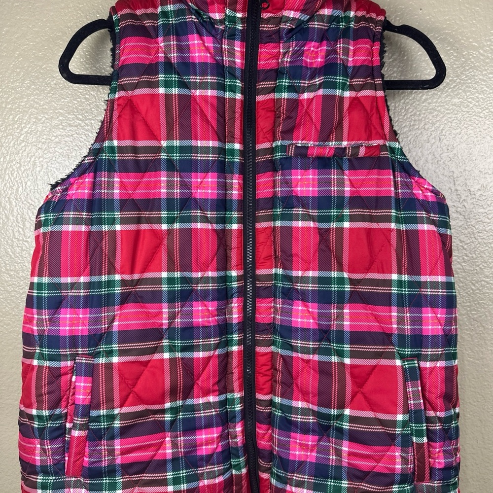 Women's Crown‎ & Ivy Plaid Puffer Reversible Vest Size LG Pink Green Red Holiday